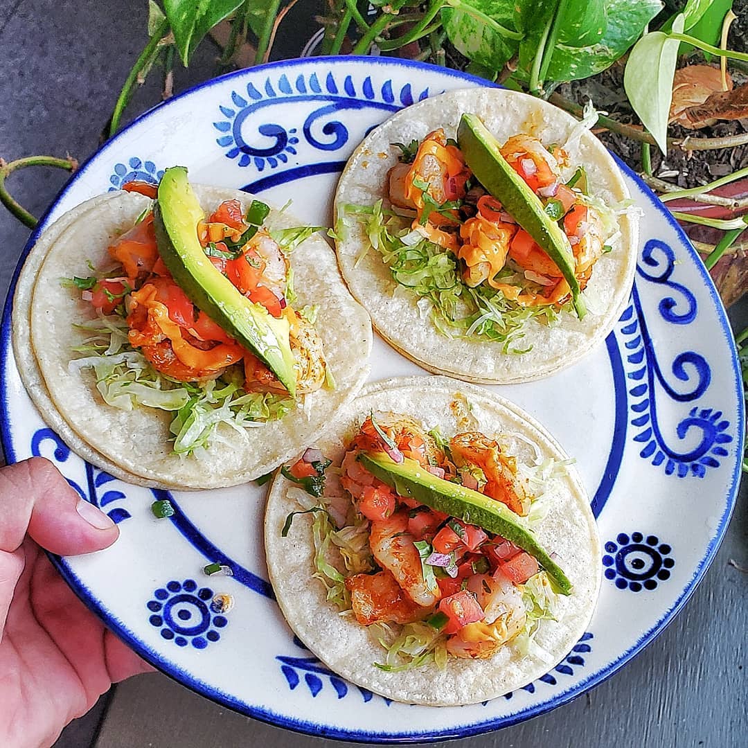 Tacos de camarón con aguacate en plato talavera — Los Cuatro Soles